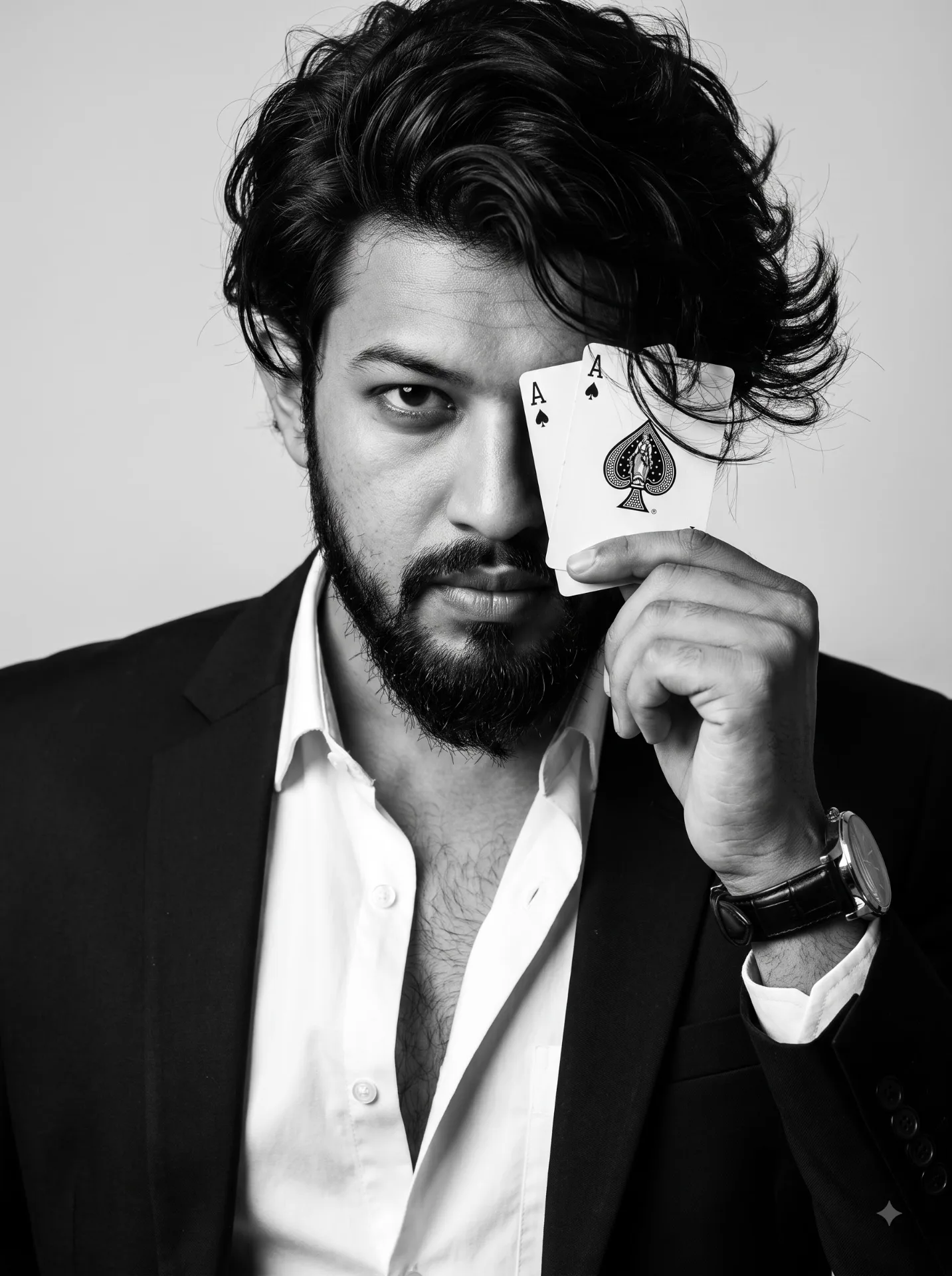 Ultra HD 8K photorealistic black and white monochrome man with ace cards attitude man thick wavy black messy side swept volume top wet
