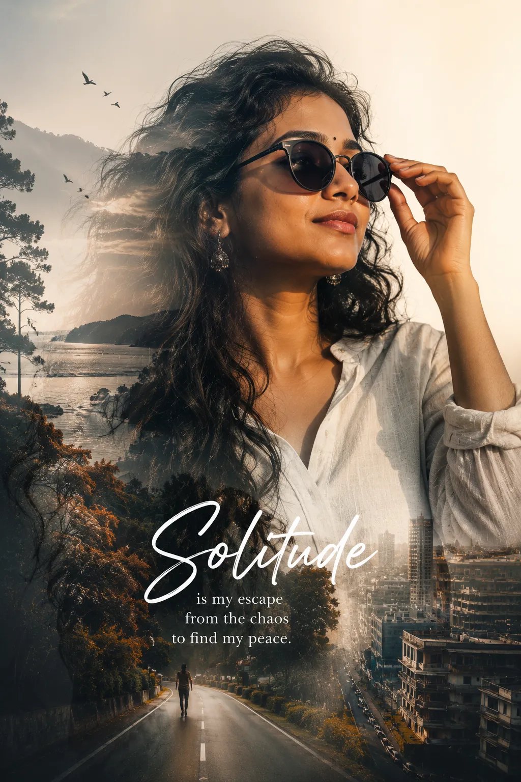 Ultra-realistic 8K cinematic double-exposute poster featuring the exact same face, hairstyle, skin tone, and expression as the reference