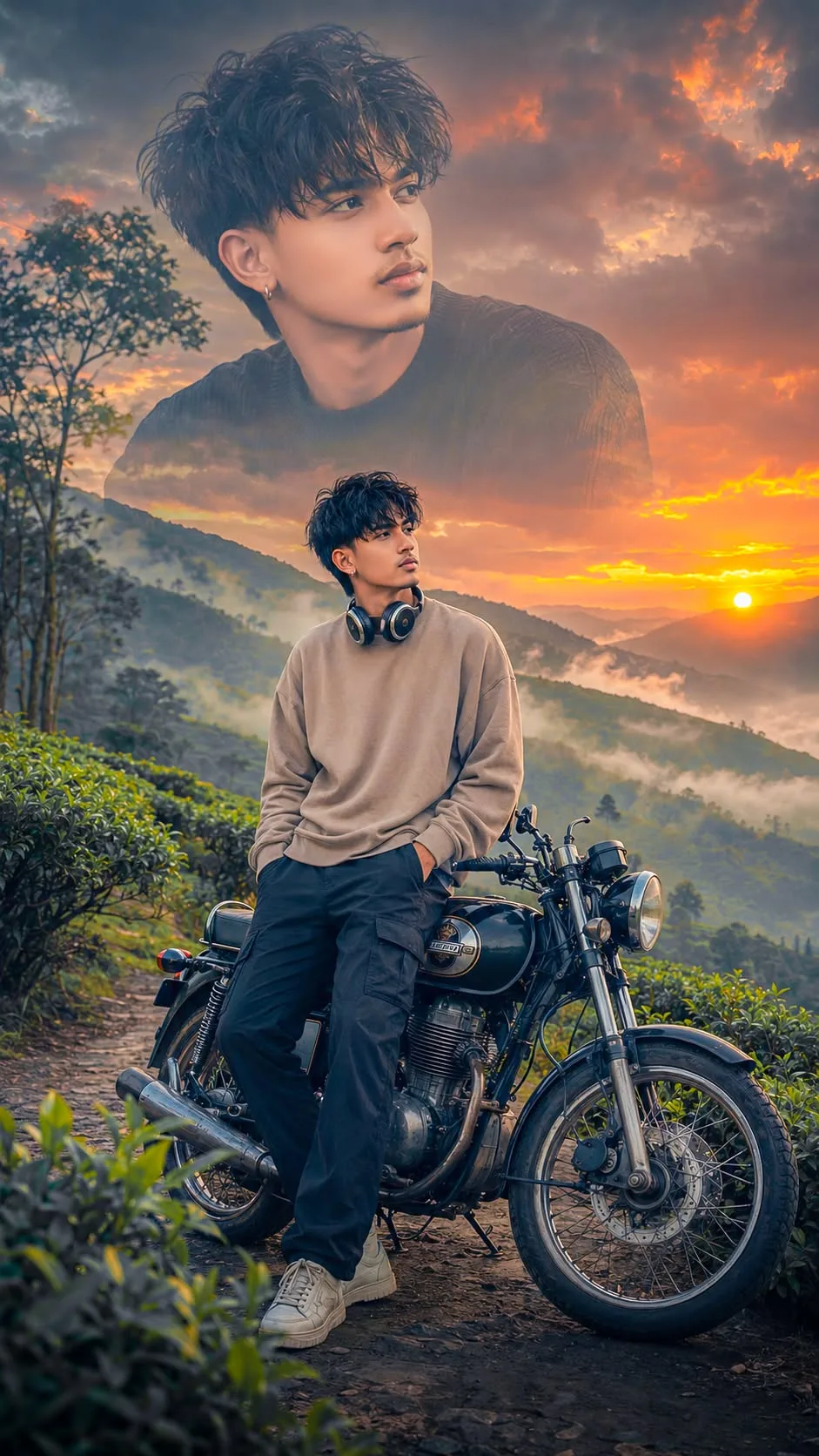 A cinematic double-exposure adventure poster featuring a young man exploring a mountainous terrain.