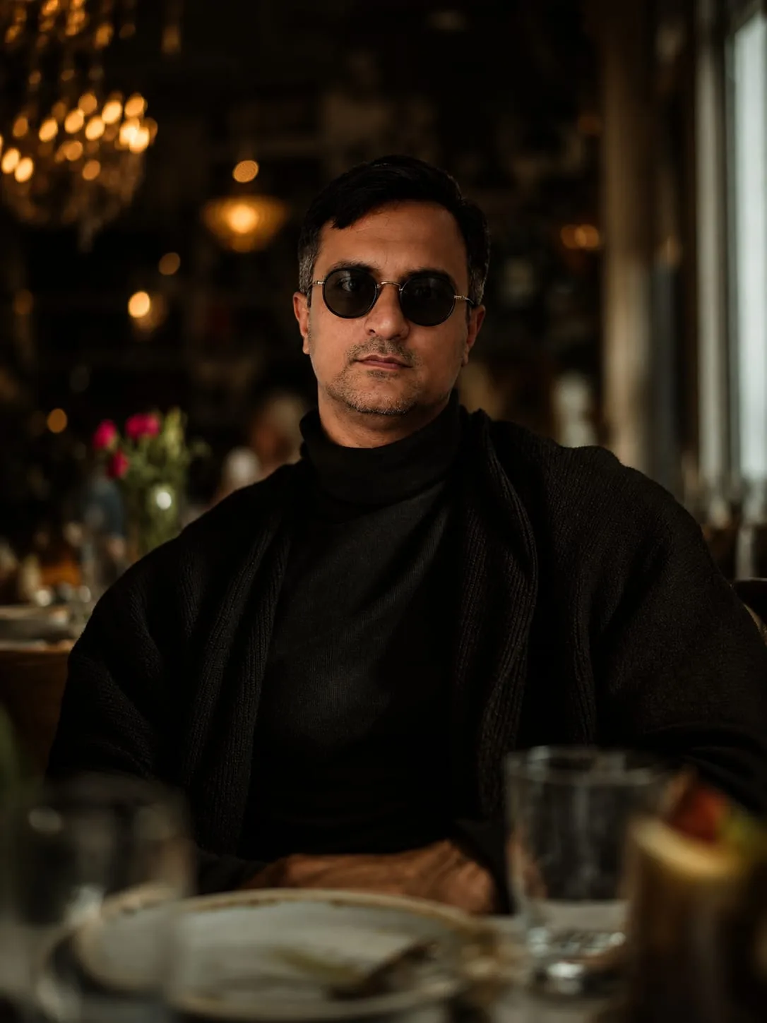 Create a photorealistic portrait, 8K ultra-detailed, cinematic DSLR photo, moody restaurant vibe.