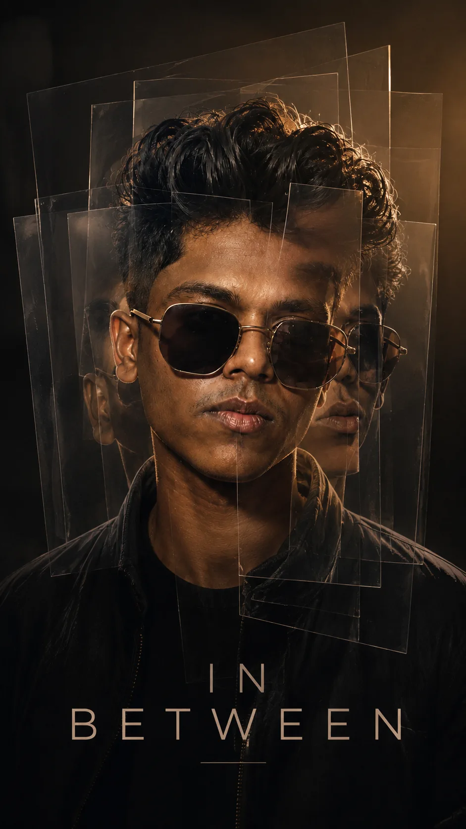 A premium 9:16 editorial portrait.Main Subject:A confident young male model.Several transparent acetate sheets overlap in front of the