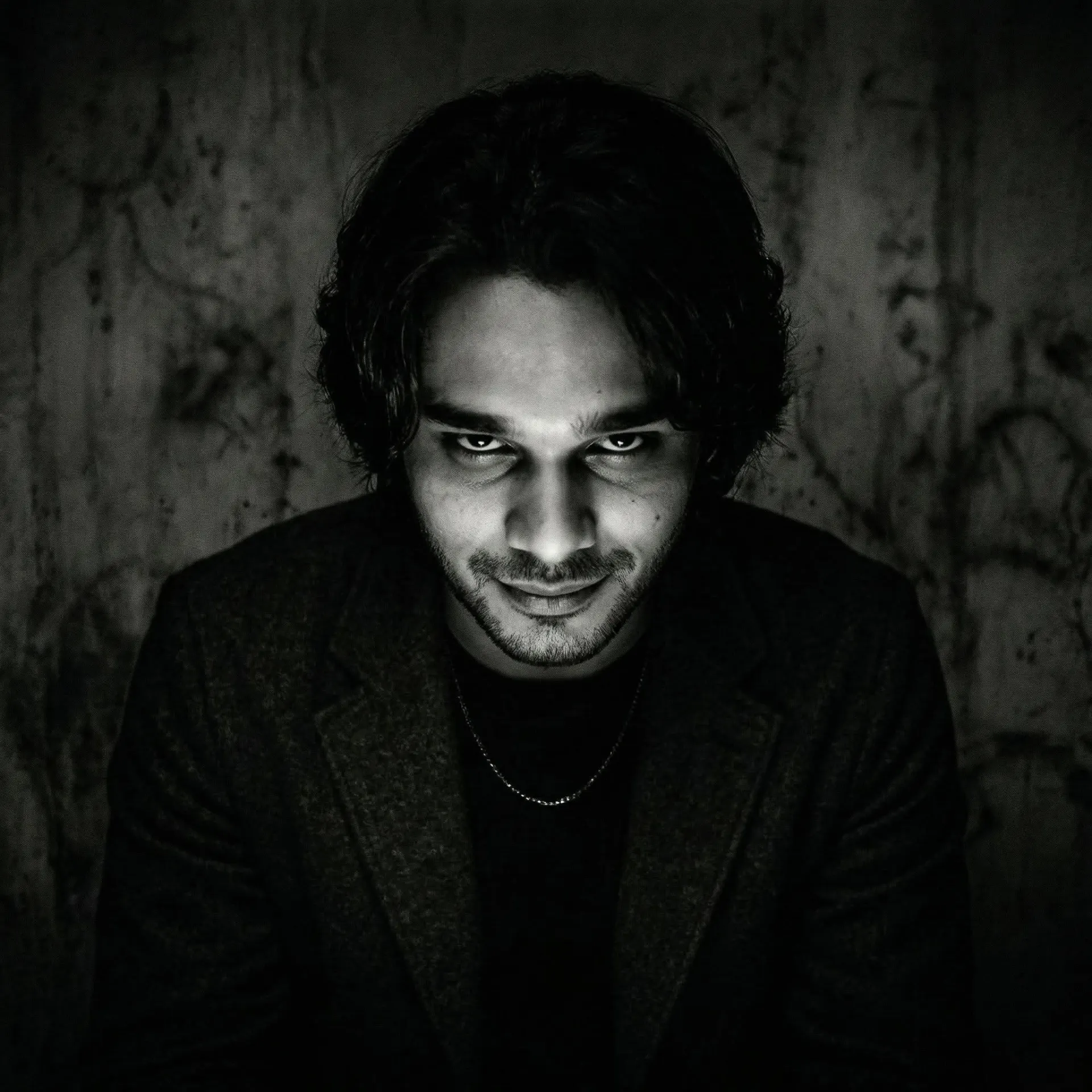 **Prompt:** Black and white cinematic portrait of a young man with medium-length dark wavy hair, intense piercing eyes looking directly at