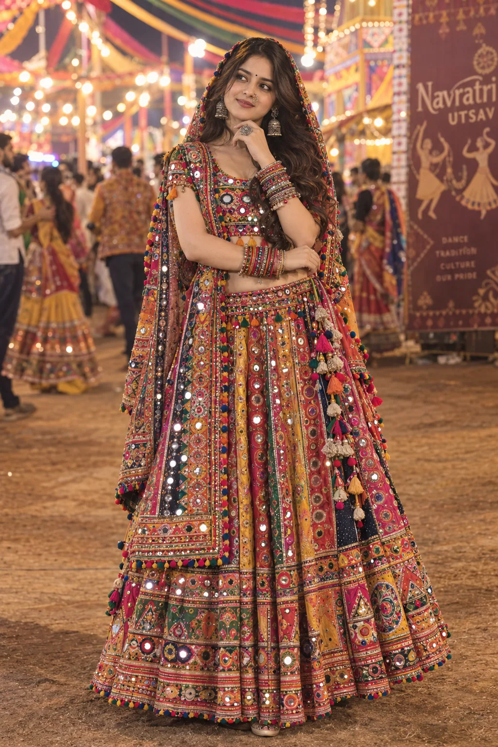 Create a highly realistic, ultra-detailed full-body Indian traditional fashion portrait of a young woman at a vibrant festive cultural