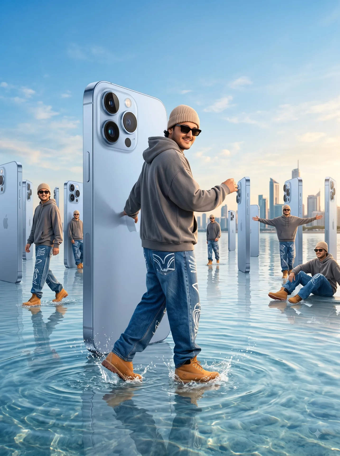 Create a hyper-realistic, cinematic scene of a stylish young man in a shallow, crystal-clear water surface with a modern city skyline in