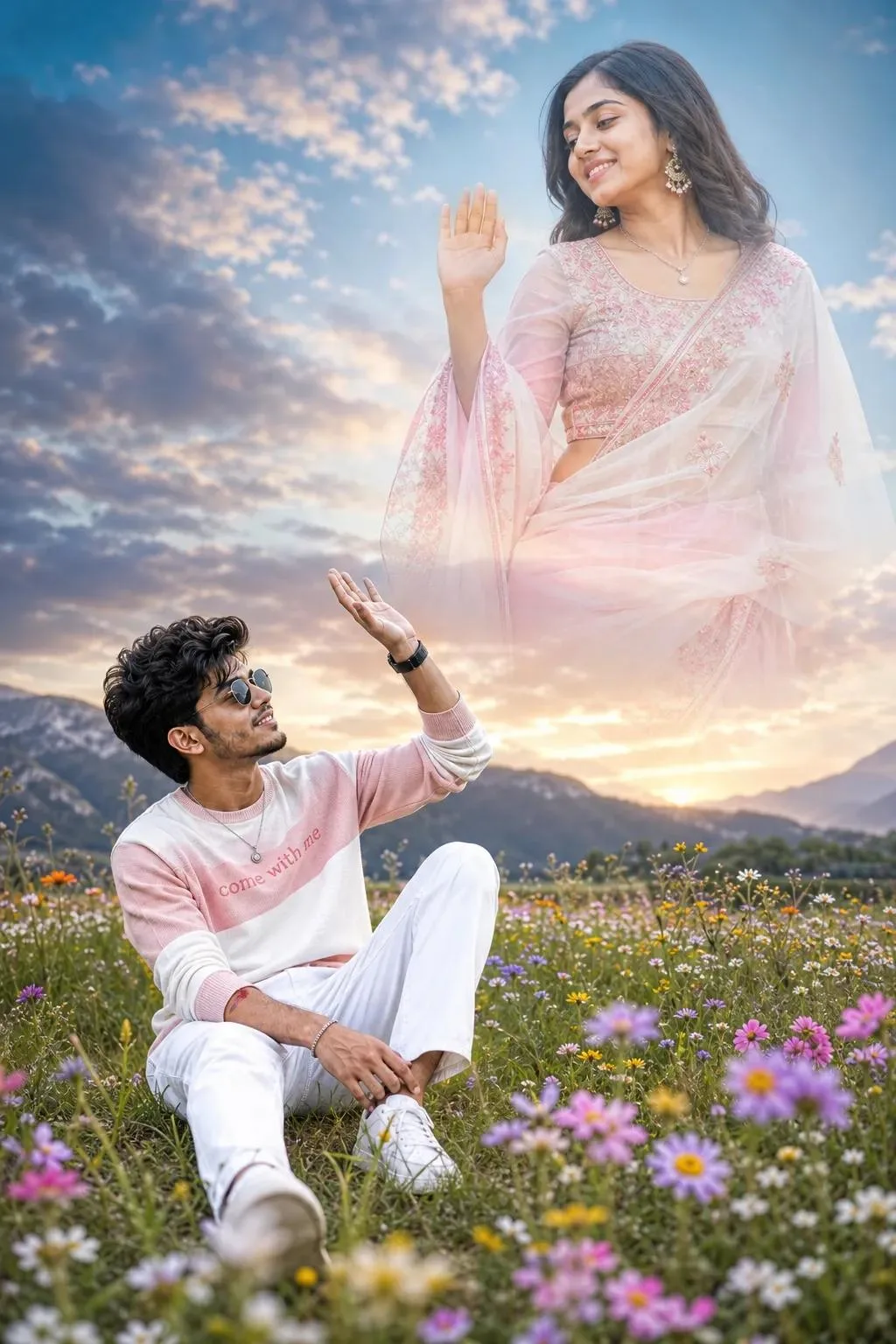 A high-resolution, photorealistic, composite conceptual photo capturing a dynamic and romantic scene.