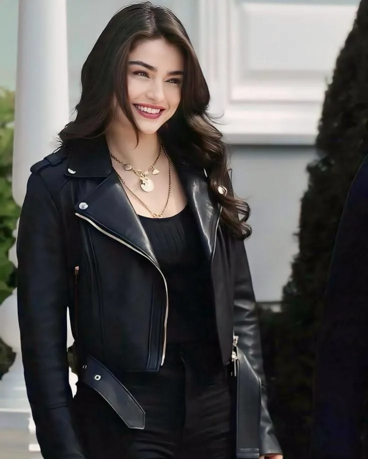 A realistic 4k cinematic portrait of a beautiful young Turkish woman with long, voluminous wavy dark brown hair and a radiant, joyful
