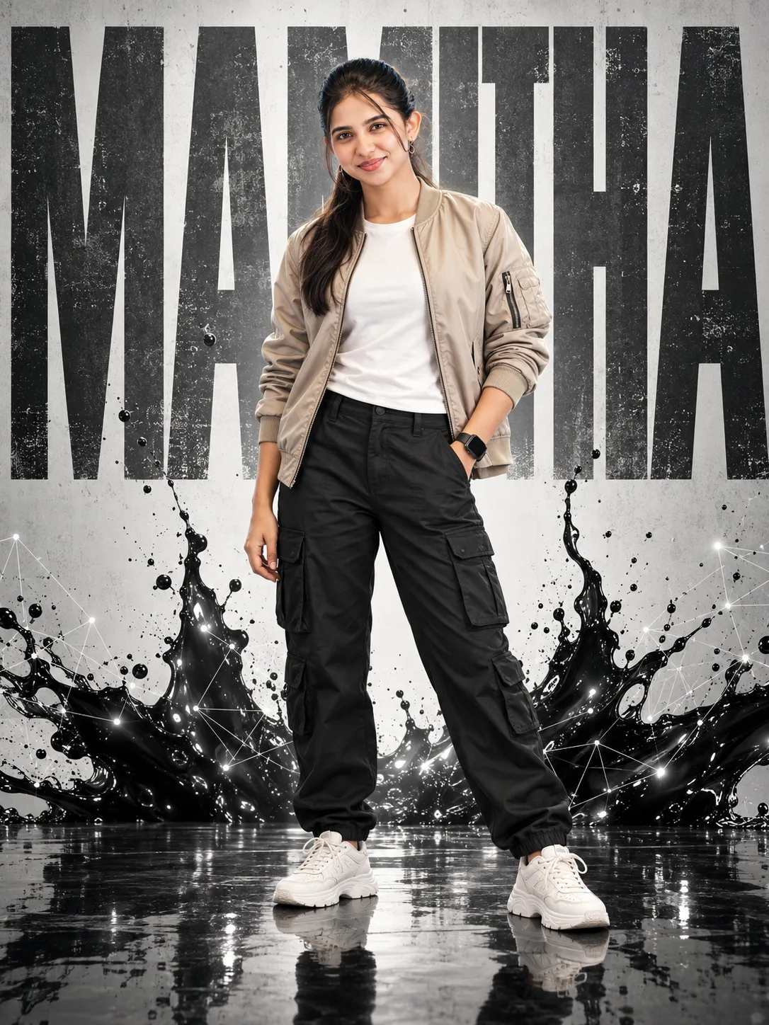 **MAIN PROMPT** NAME: MAMITHA Use the uploaded reference image as the **primary visual reference** for the composition, fashion styling,