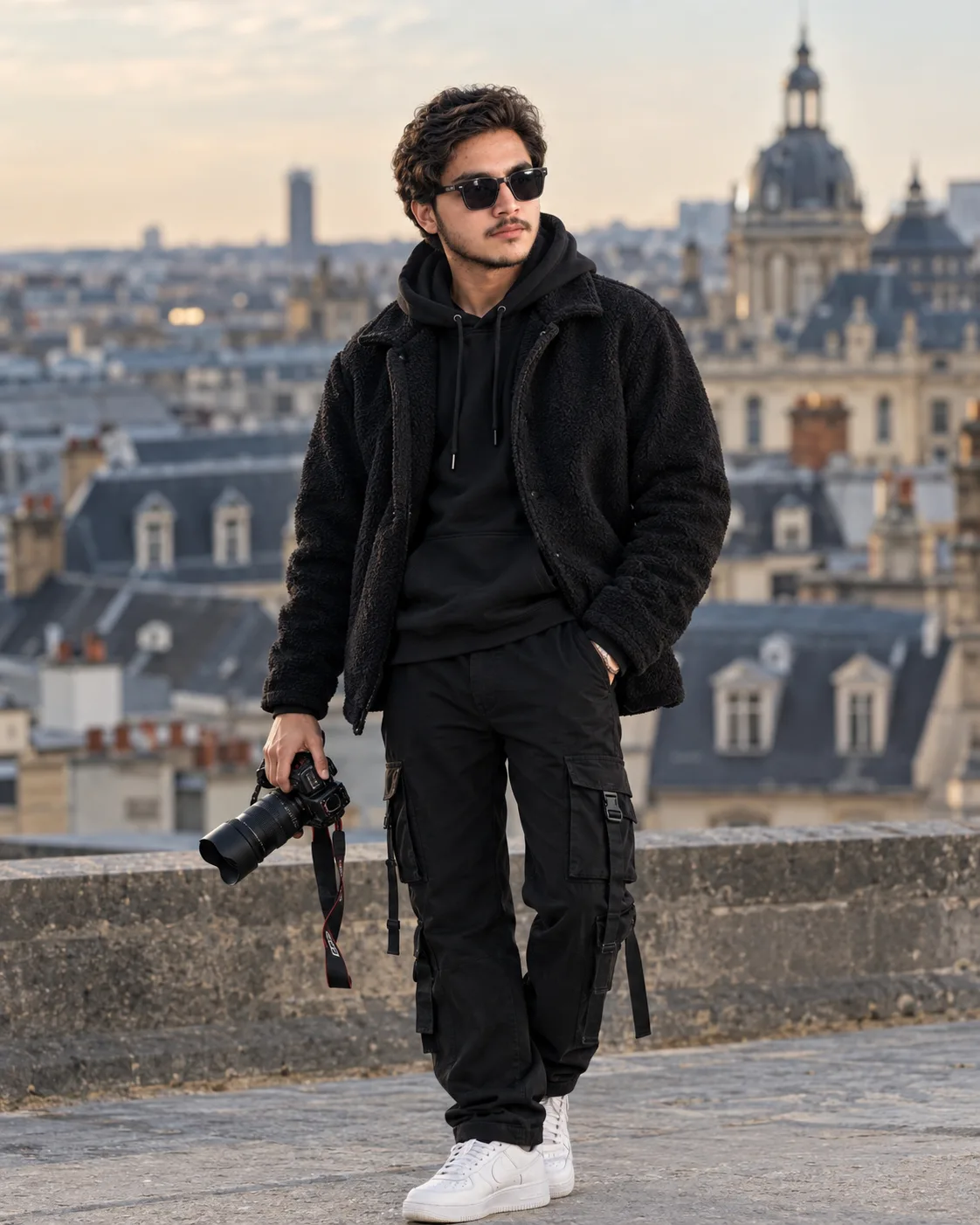 > Create an ultra-realistic 4K/8K cinematic portrait of a stylish young South Asian man standing confidently on a rooftop in a beautiful