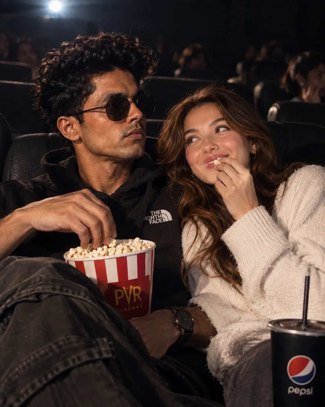 🎬 Prompt > Ultra-realistic cinematic photograph of a young couple enjoying a movie together inside a modern cinema hall.