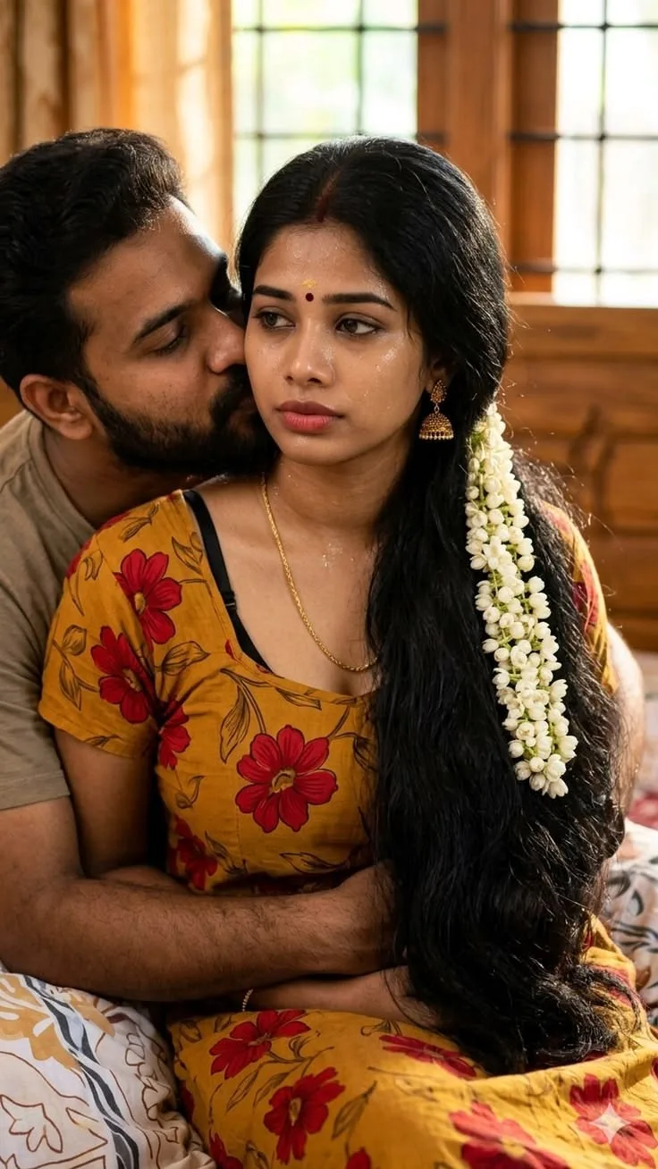 Create a photorealistic vertical 4:5 portrait of an adult Indian couple sharing a warm, intimate moment inside a traditional Indian home.