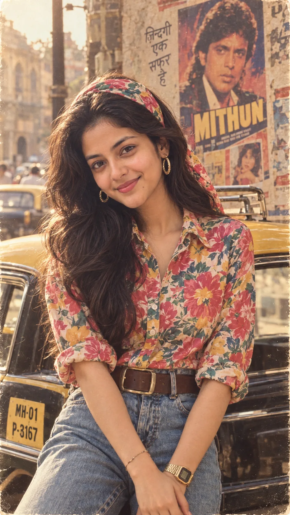 Prompt 👇 A retro 1980s Bollywood-style portrait of a young Indian woman smiling brightly outdoors on a vintage city street.