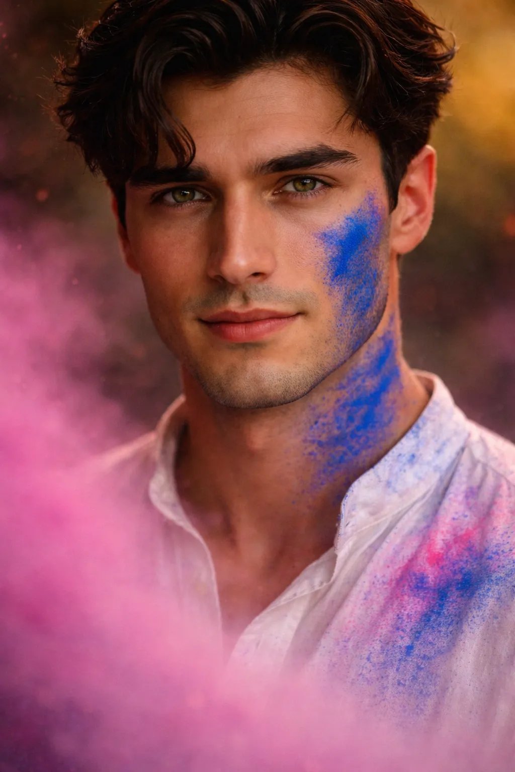 Energetic Holi scene of a young man in a white kurta mid-jump while throwing blue powder upward.