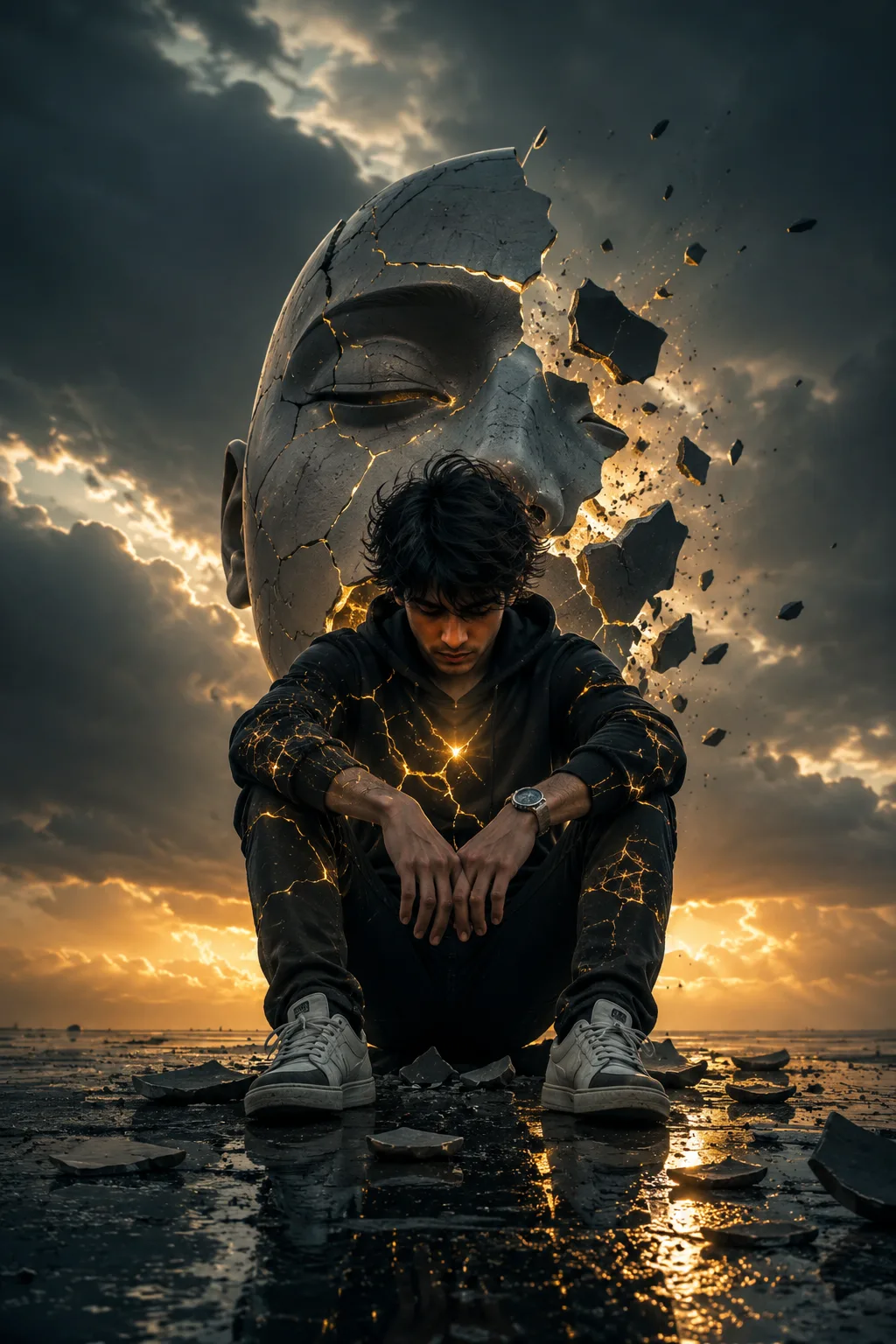 A breathtaking surreal cinematic portrait of a handsome young man sitting alone on a wet reflective surface during a dramatic golden