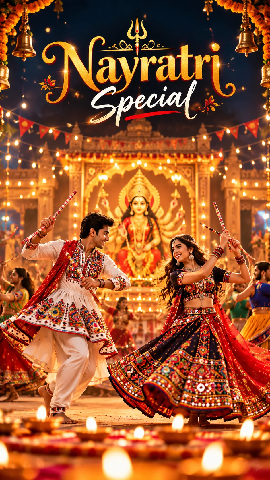 { "category": "lifestyle_scene", "category_reasoning": "A young couple actively performing Garba dance during Navratri celebrations with