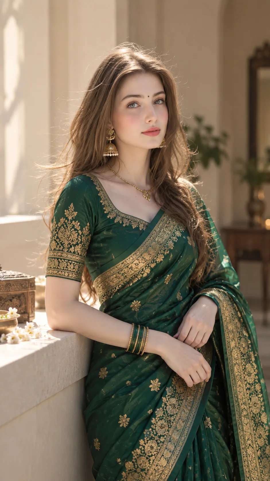 IMAGE GENERATION PROMPT: A photorealistic, high-fashion portrait of a beautiful young Indian woman with a fair, warm natural complexion and