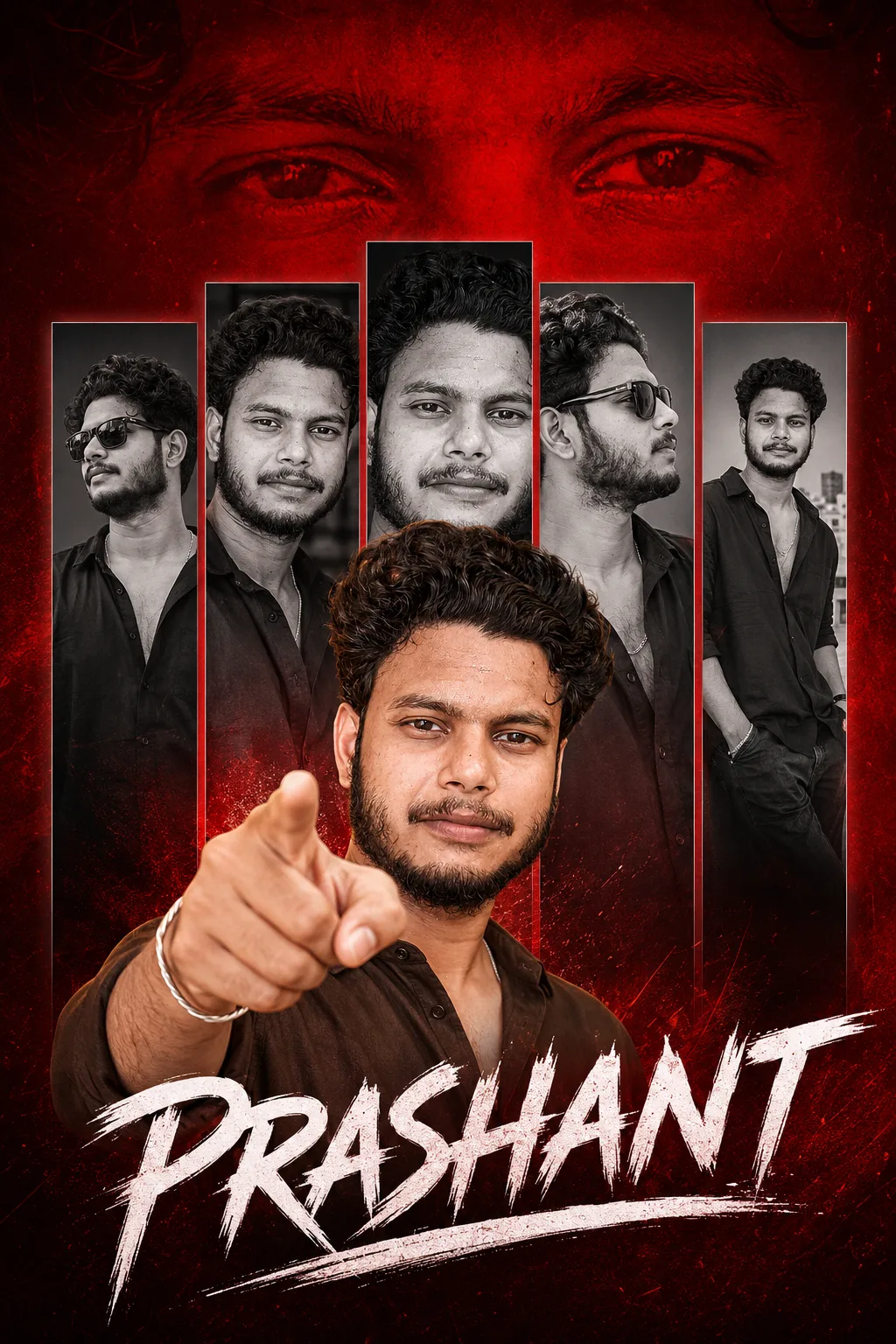 A dramatic cinematic movie poster style collage of a young Indian man named Prashant.