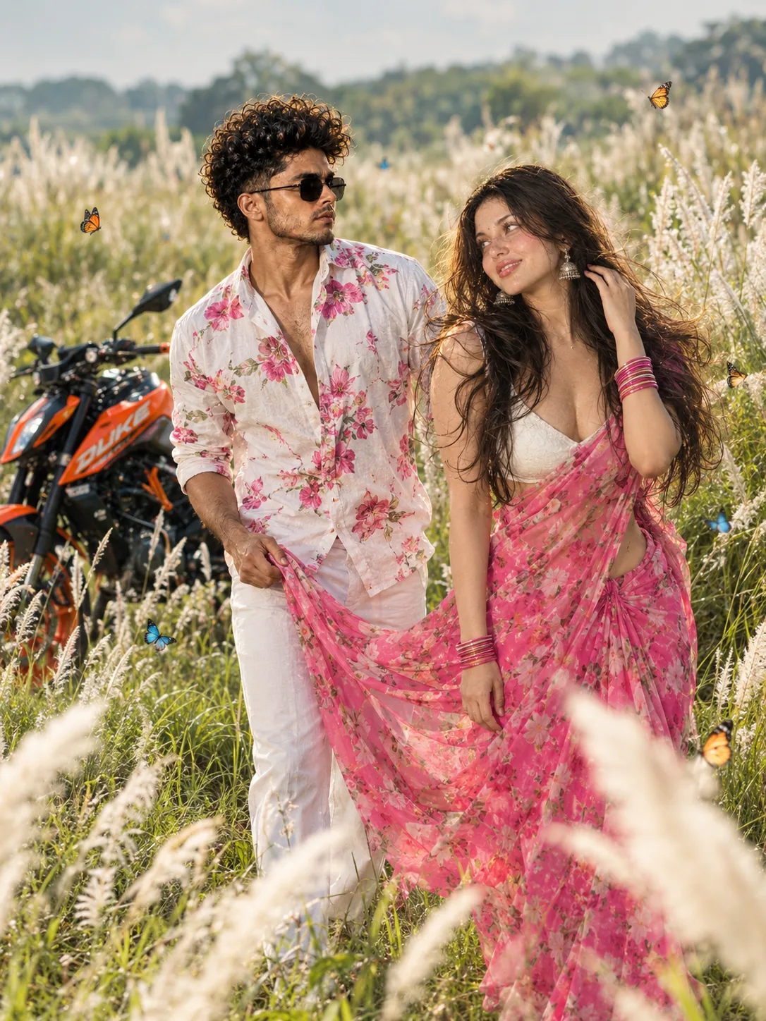Create a cinematic 8K DSLR photograph in a portrait composition of a romantic young Indian couple walking through a beautiful field of tall