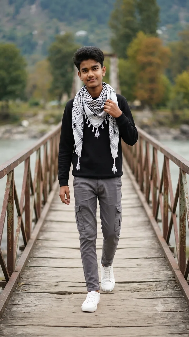 Create an ultra-realistic cinematic full-body photograph of the same 14-year-old Pakistani boy walking naturally across an old wooden plank