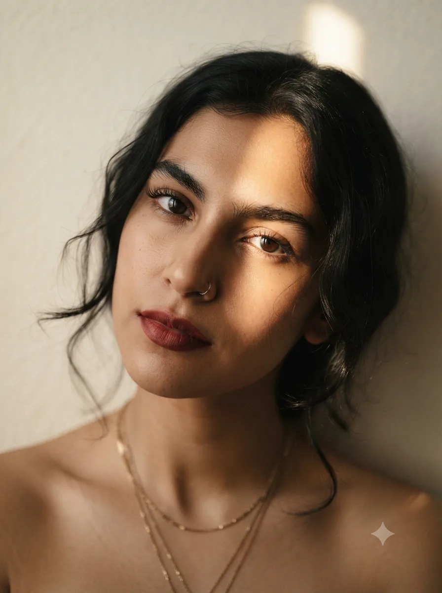 Create an ultra-realistic, cinematic fine-art portrait of a beautiful young woman with a moody, editorial aesthetic.