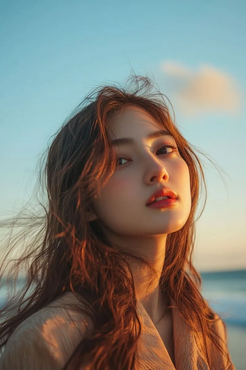 A stunning low-angle 9:16 cinematic portrait of a young East Asian woman with long, messy wind-blown brown hair, looking slightly down at
