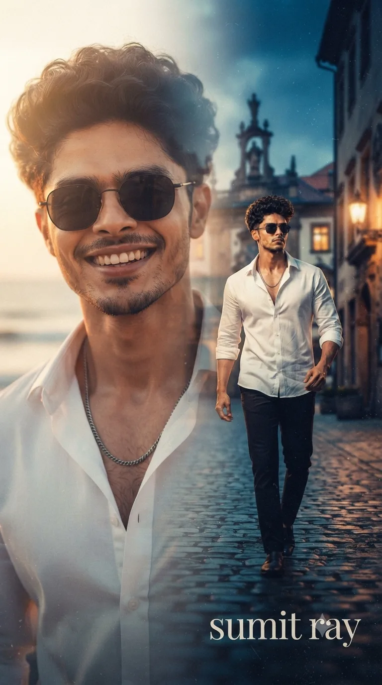 A cinematic, multi-exposure poster design featur- ing a young South Indian 18 year old man as uploaded image wearing dark sunglasses, a