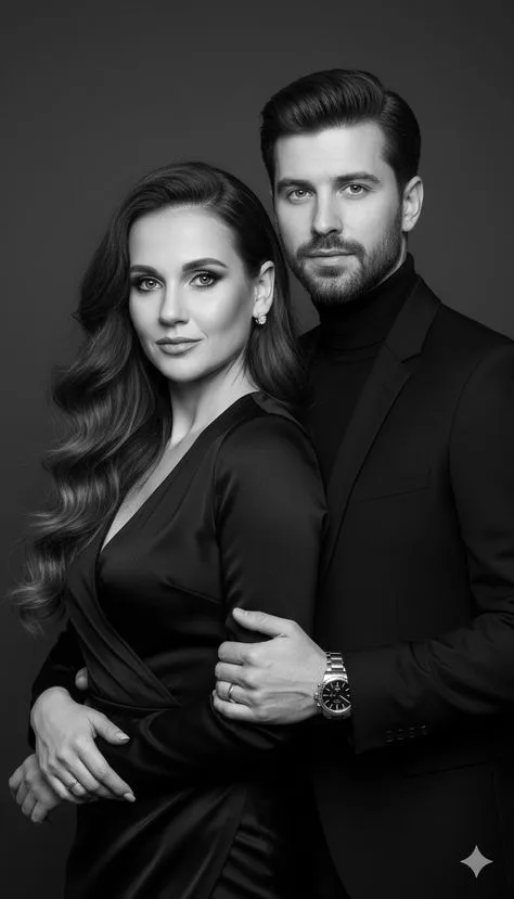 A premium, sophisticated studio portrait collage of an elegant couple.