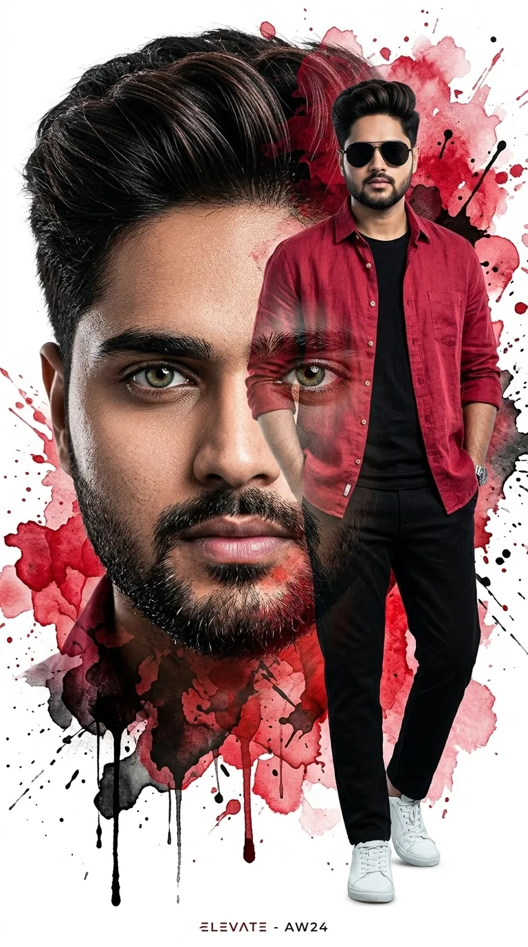 A creative double-exposure fashion poster featuring a handsome South Asian man with green-hazel eyes, a rugged beard, and an elegant