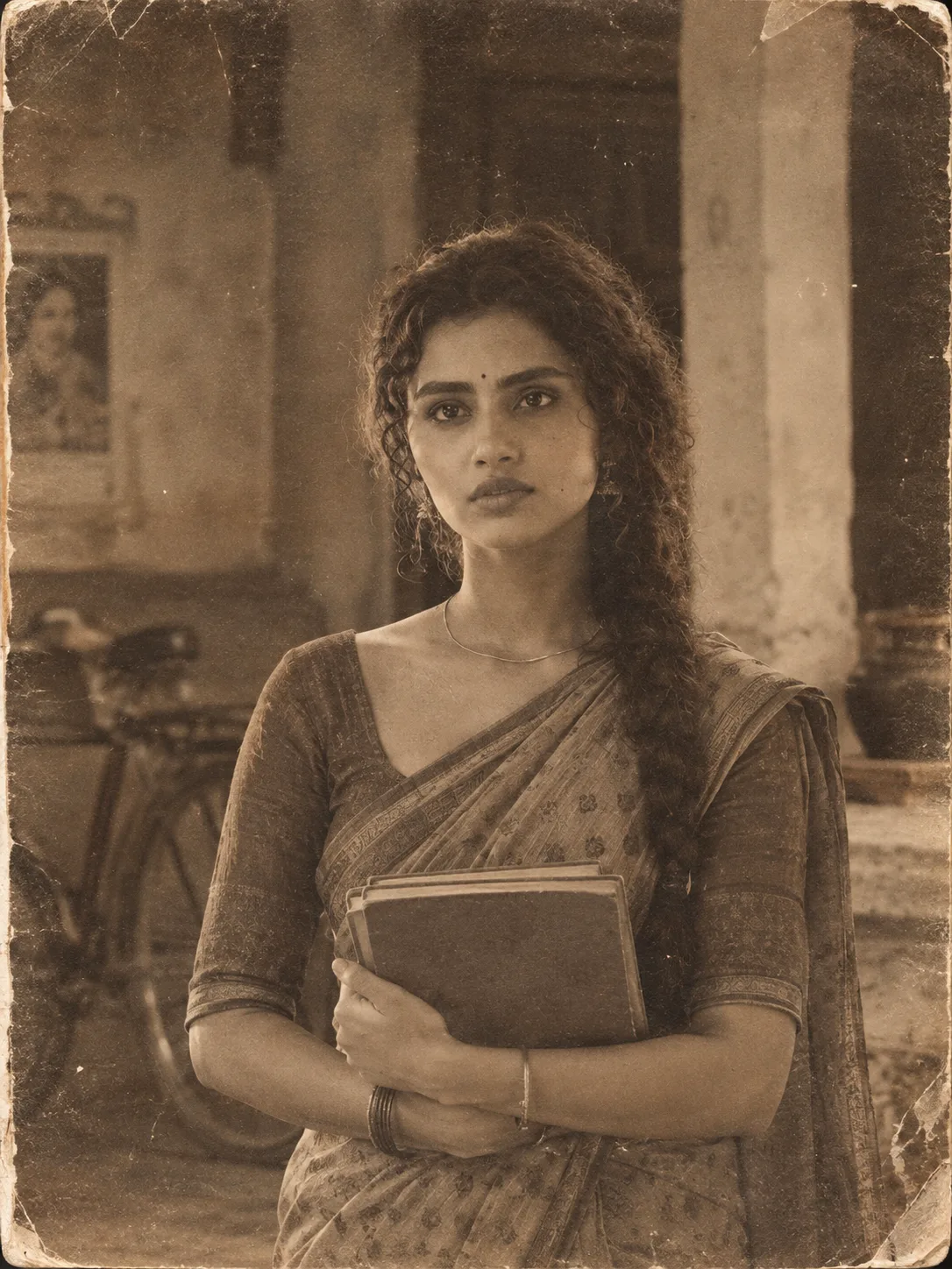 Transform the uploaded modern portrait into an authentic old Indian photograph from the 1960s–1970s, with the visual character of a real