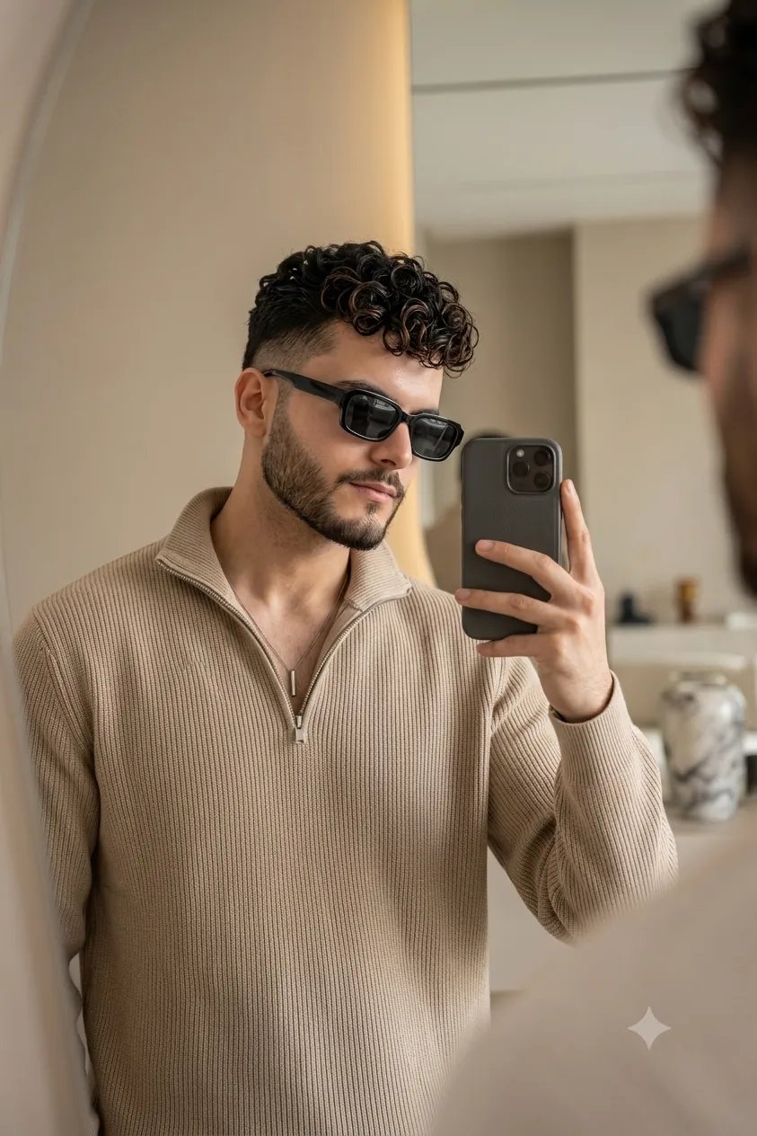 "A stylish young South Asian man taking a mirror selfie in a modern, luxury indoor room.