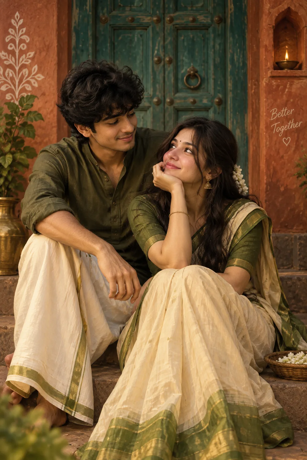 Romantic South Indian couple portrait, semi-realistic digital painting, warm cinematic lighting, man in olive kurta looking lovingly at