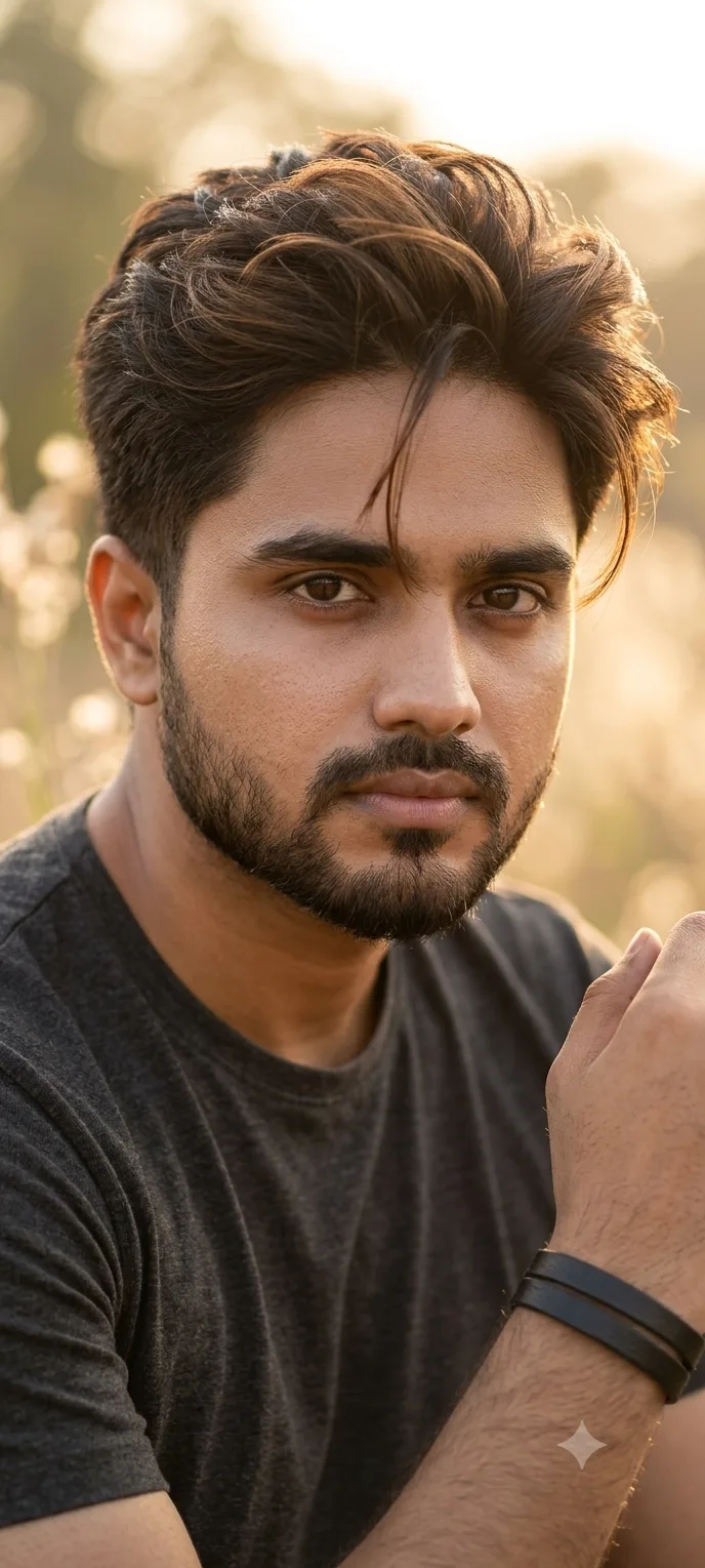 A close-up portrait of a 26-year-old Indian man, 5 feet 5 inches tall, featuring a medium skin tone, expressive dark brown eyes, a trimmed