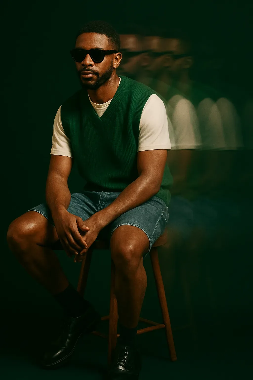 Studio portrait of a stylish man of color seated on a stool, wearing sunglasses, a green knit vest over a white t-shirt, denim shorts, and