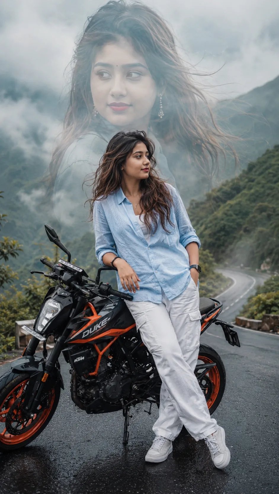 double-exposure style photo of a young woman on a mountain pass.A full-body shot of a young woman with a trendy, modern wolf-cut hairstyle,