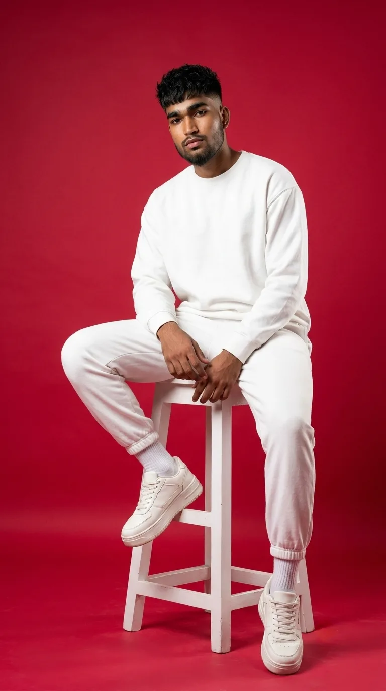Detailed AI Image Prompt Vertical 9:16 high-fashion studio portrait of a young man seated on a white wooden stool against a vibrant solid