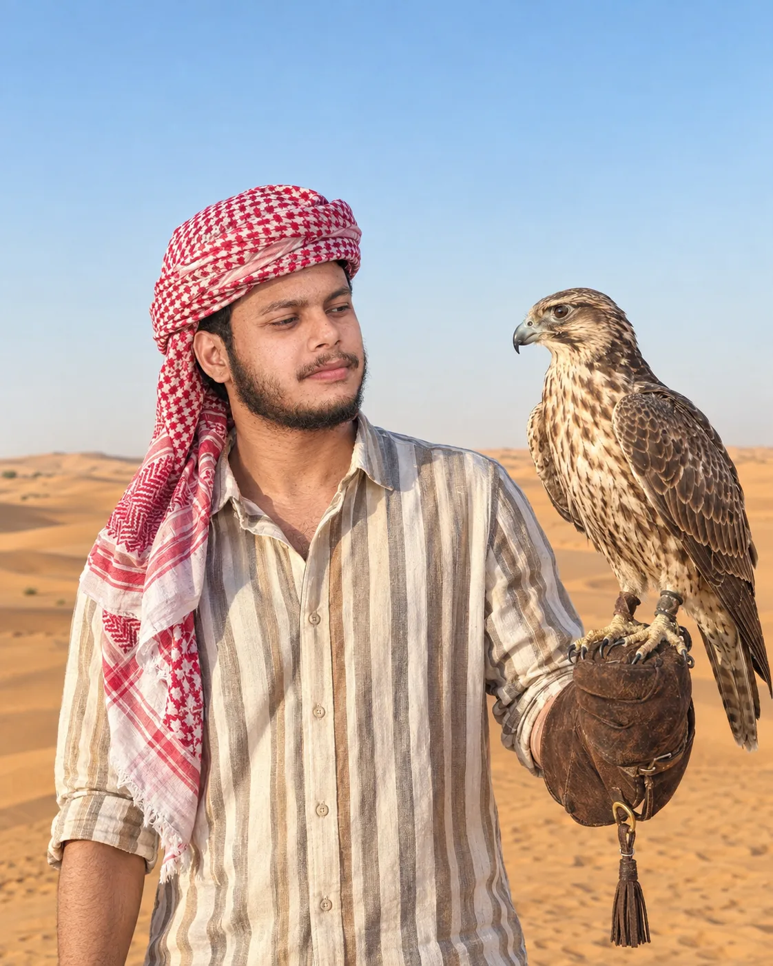 A realistic, high-resolution portrait photograph of a 26-year-old South Asian man with a neatly trimmed beard, standing in a vast desert