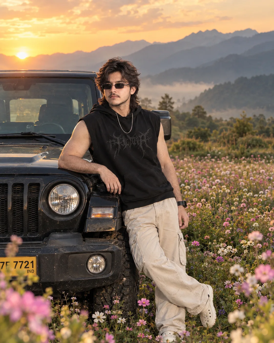 Create an ultra-realistic cinematic professional fashion photograph of a stylish young South Asian man in his early 20s casually leaning