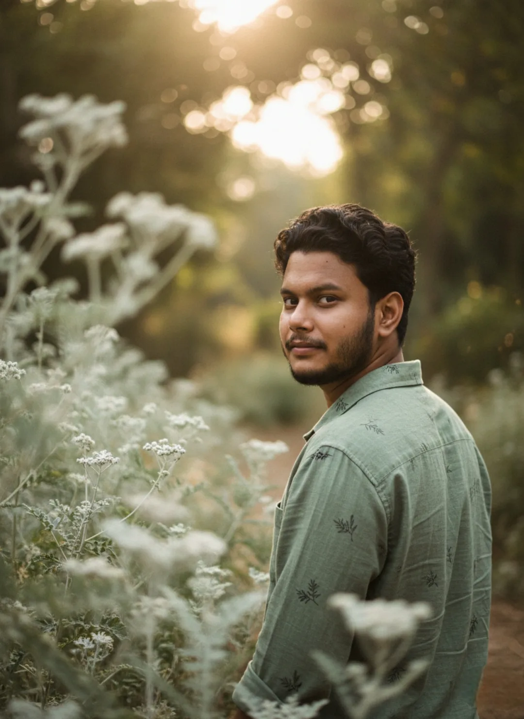 A young South Asian man with curly black hair and a short beard, glancing over his right shoulder toward the camera with a calm, slightly