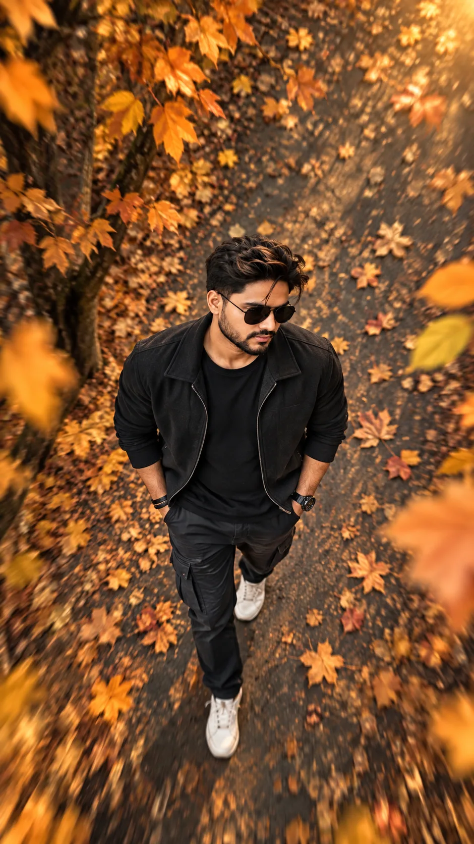 create a stylish boy walking through autumn trees, drone photography, Sony 8K, warm leaves, fashionable outfit, realistic skin, cinematic