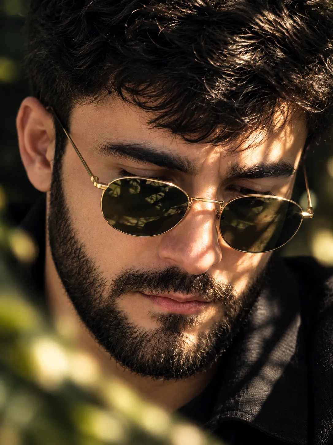 An extreme close-up portrait of a man with a beard and tousled dark hair,wearing round gold-rimmed sunglasses.