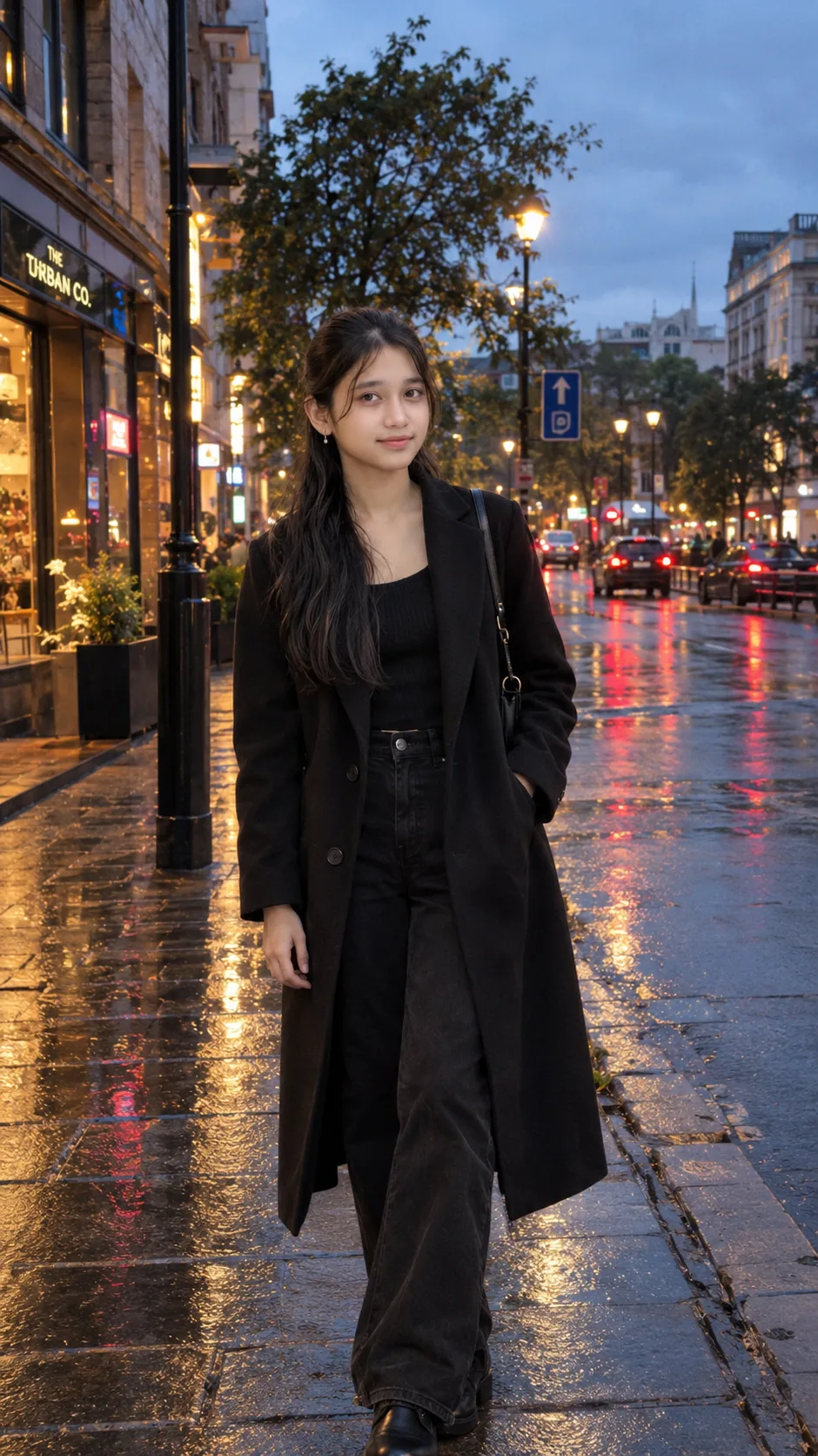 Ultra realistic cinematic full body photograph of a young woman standing on a quiet city street during evening, shot on a real DSLR camera.