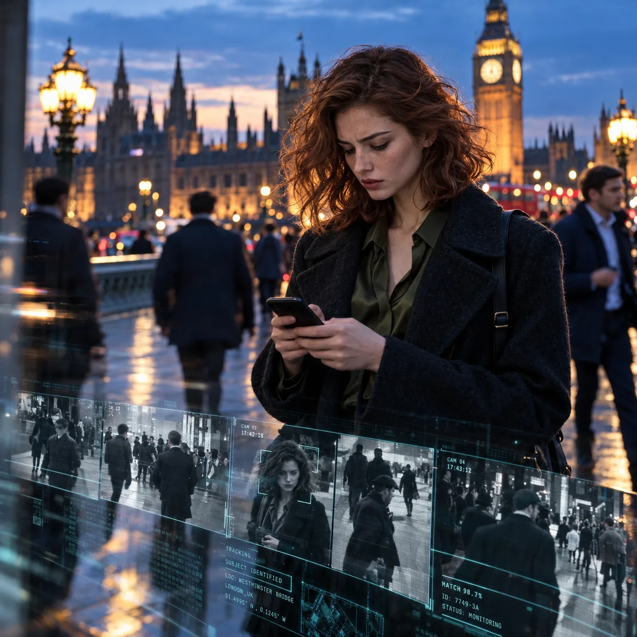 Cinematic spy-thriller street photograph of a young woman with wavy, copper-auburn shoulder-length bob hair, standing on a busy London