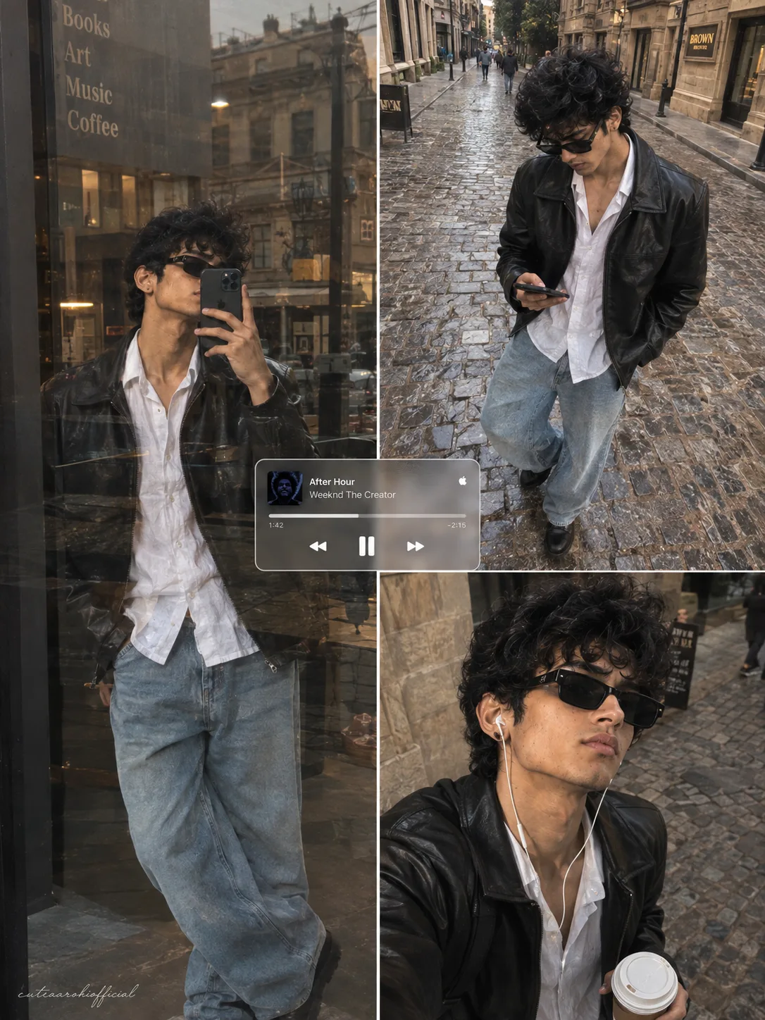Ultra realistic editorial poster style multi-panel collage photograph of a young Indian man presented across three asymmetric photographic