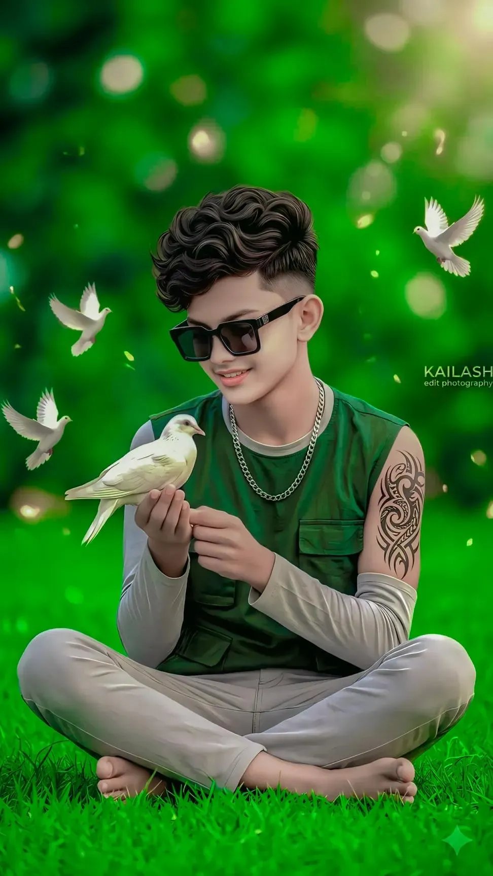 : A young man wearing large, square black sunglasses, a silver chain necklace, and a green sleeveless vest over a light grey top.