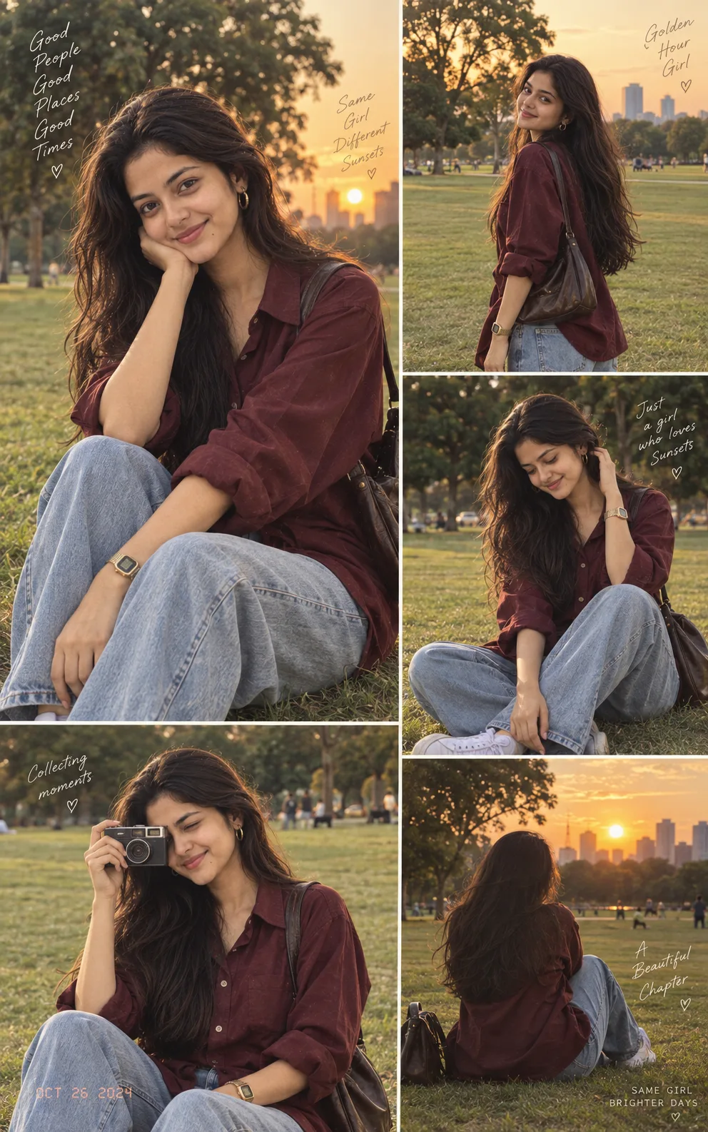 Prompt 🤎 Ultra realistic lifestyle fashion collage of a beautiful young woman in a wide open green park during golden hour sunset, soft