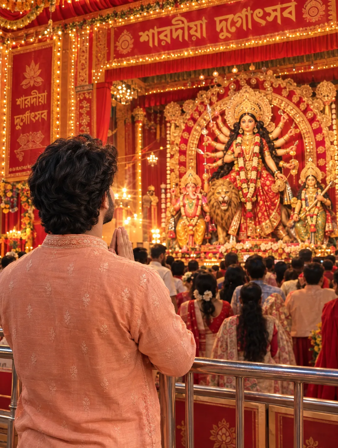 A vibrant, cinematic shot from behind a young man standing behind a steel barricade (Anjali Mudra).
