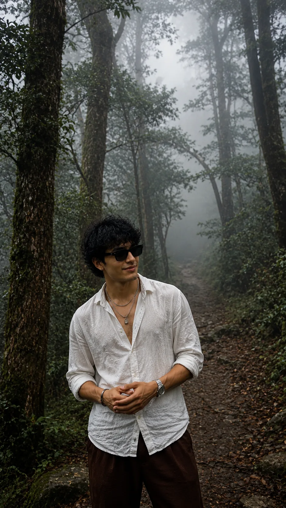 🎨 VISUAL STYLE Ultra-photorealistic cinematic travel photography × Himalayan forest editorial × quiet luxury menswear × misty mountain