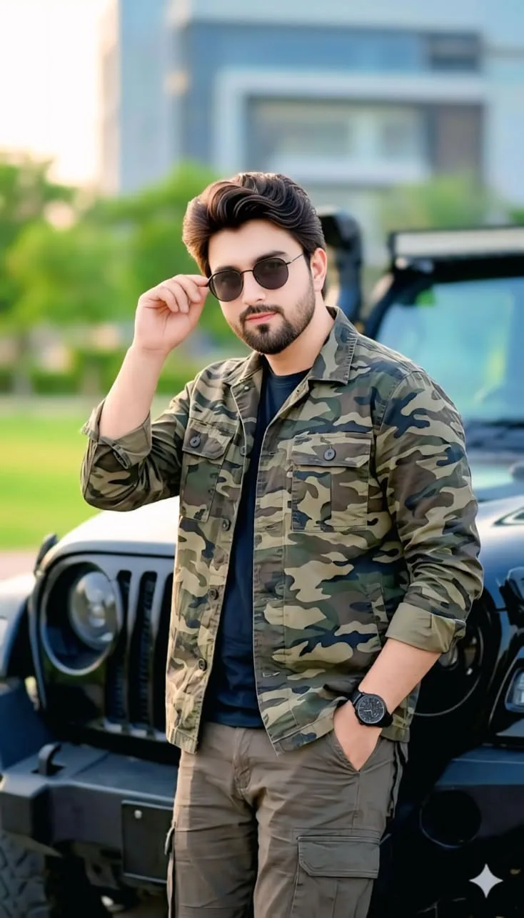 A cinematic, hyper-photorealistic medium shot portrait of a highly handsome South Asian man in his early 20s posing confidently in front of
