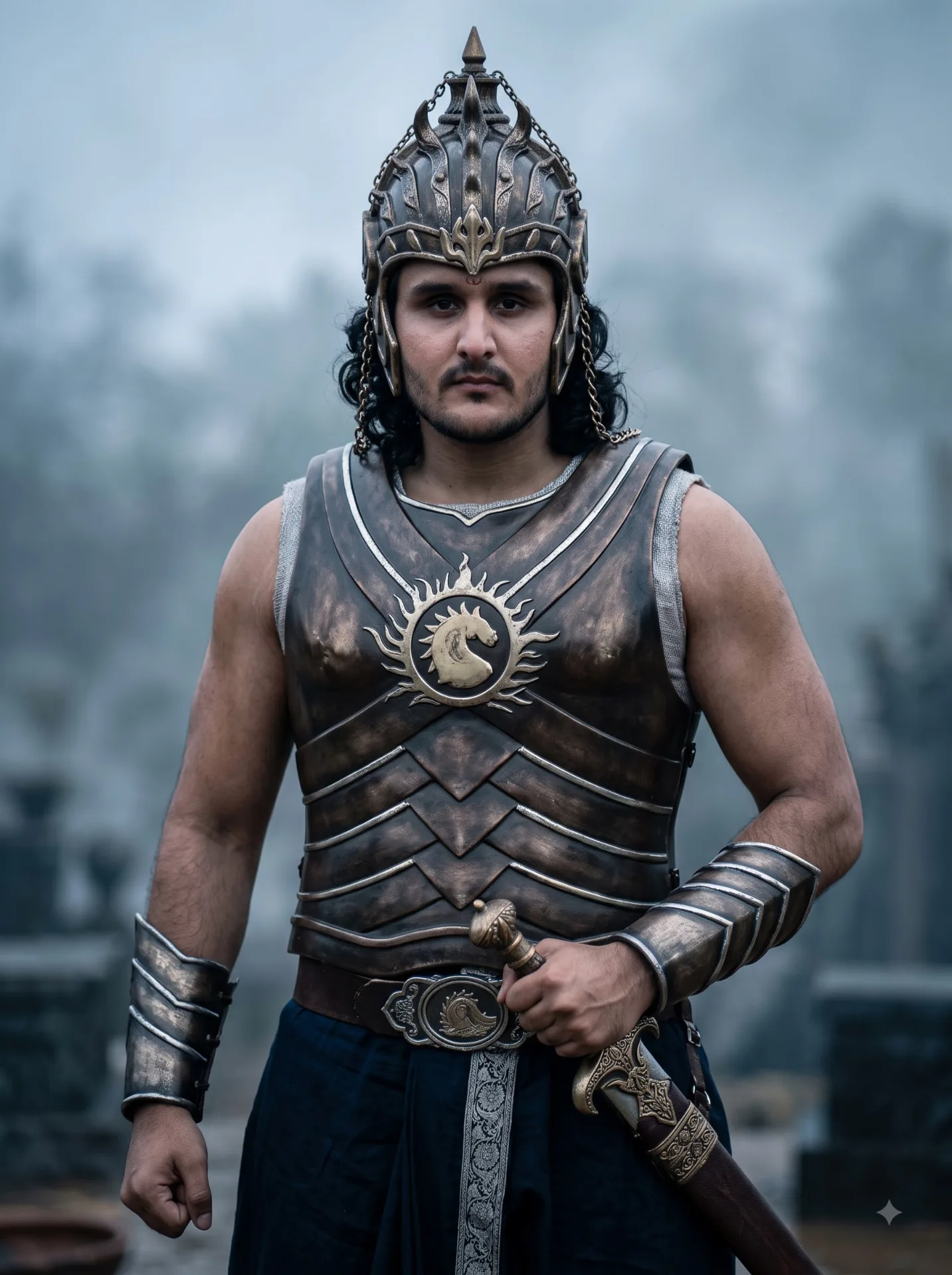 Create an ultra-realistic cinematic portrait of the uploaded person transformed into the exact ancient warrior shown in the reference image