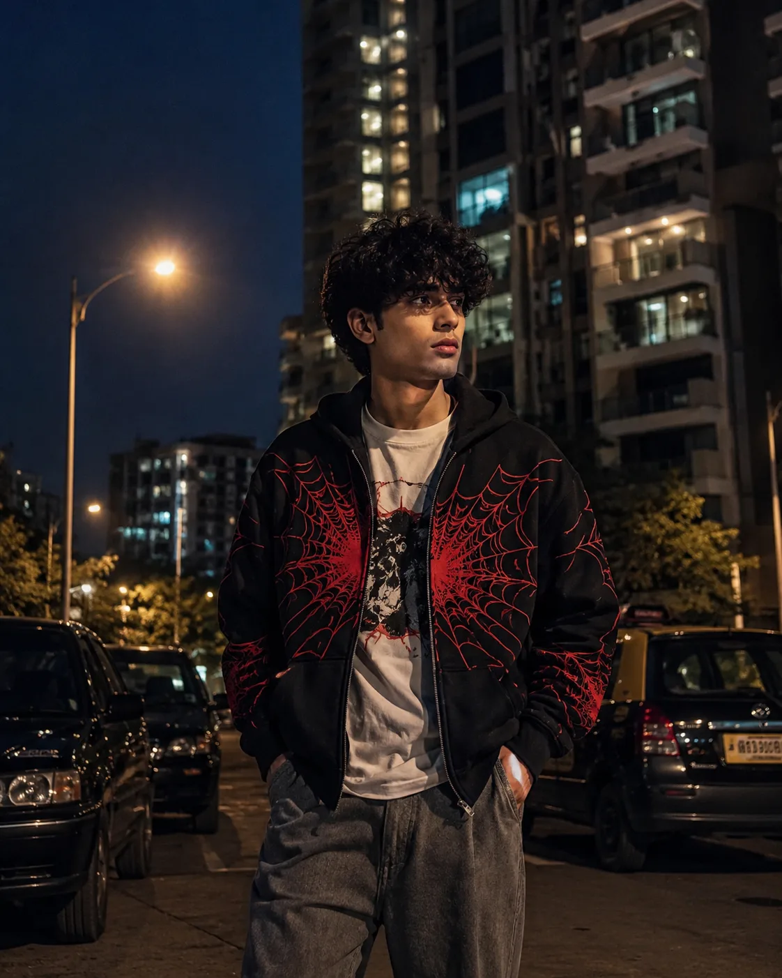 Create an ultra-realistic 4K cinematic street-fashion portrait of a stylish young man standing alone in a modern urban parking area at