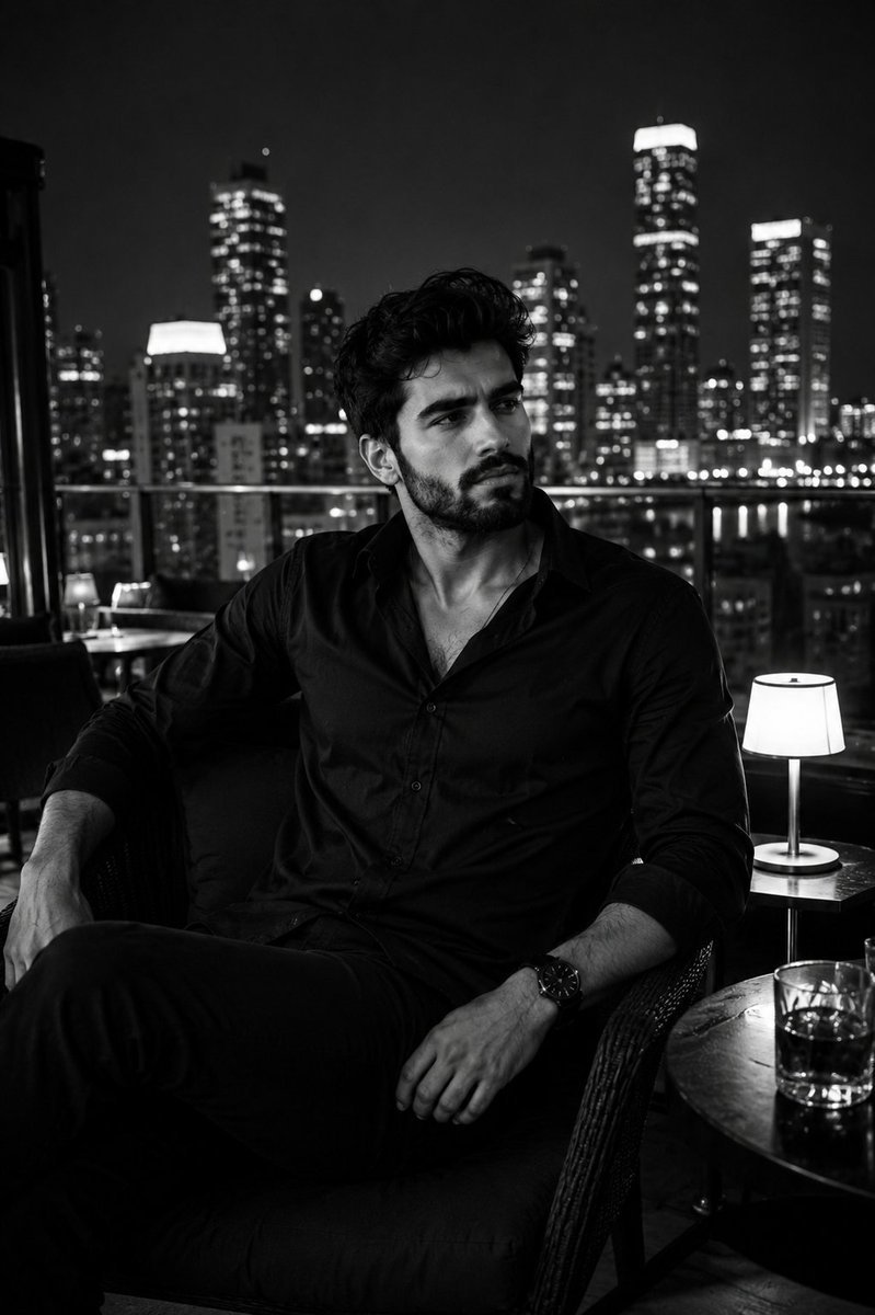 Gpt 2 image on @ChatGPT Prompt: Ultra-realistic cinematic black-and-white portrait of a handsome young man sitting comfortably on a